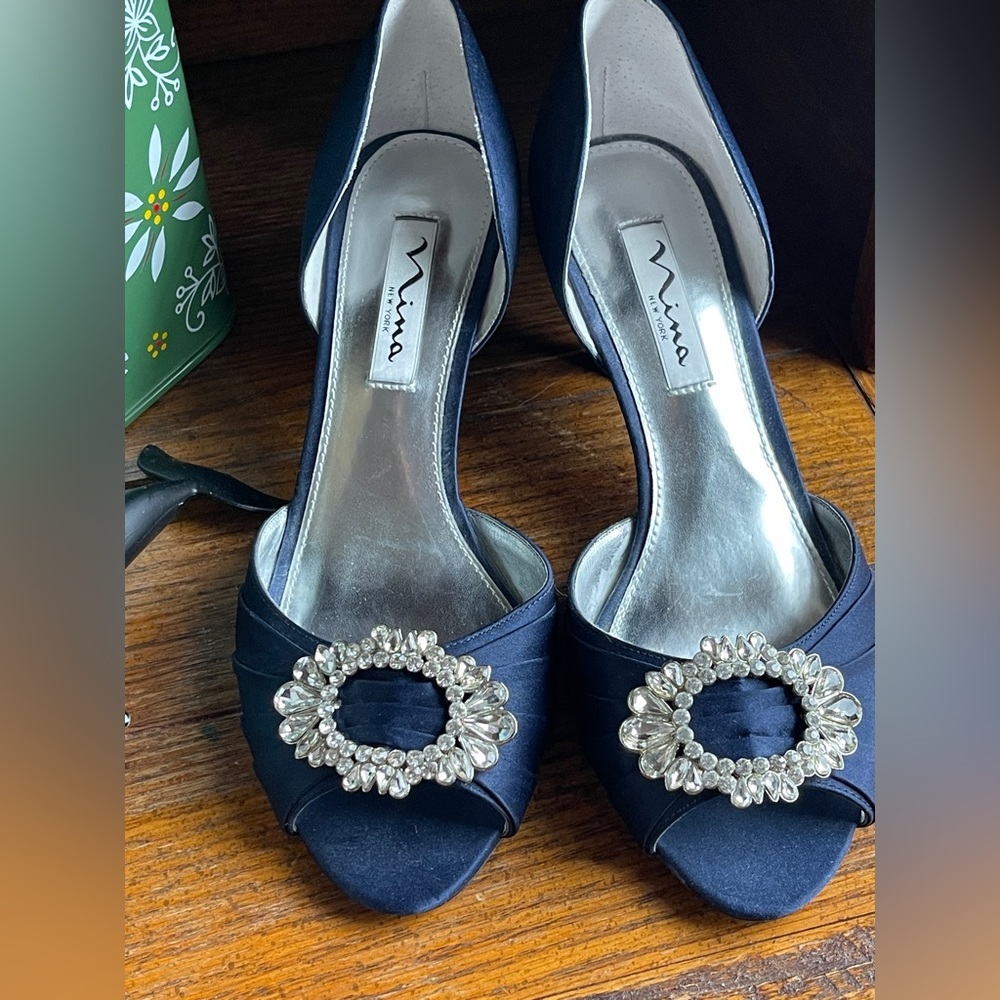 Nina Midnight Blue Satin Heels with Crystal Accents - Picture 7 of 8